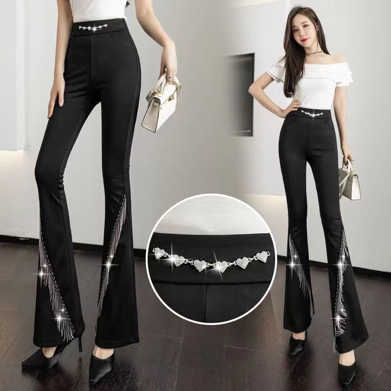 Korean Fashion Diamond Chain High Waist Flare Pants Women New Black Elastic Tassel Slim Sexy Casual Versatile Straight Trousers