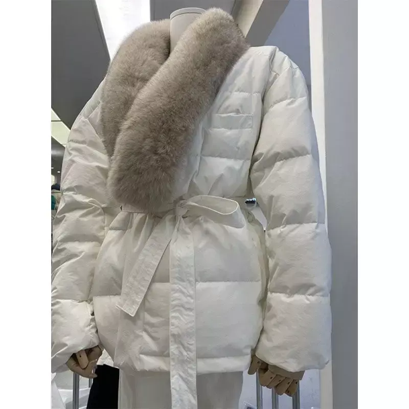 Belt Waist Down Coats Outwear Tops Fur Collar Women Jackets Winter Coat Cotton Parkas Chaquetas Mujer Black White 2023 Parka