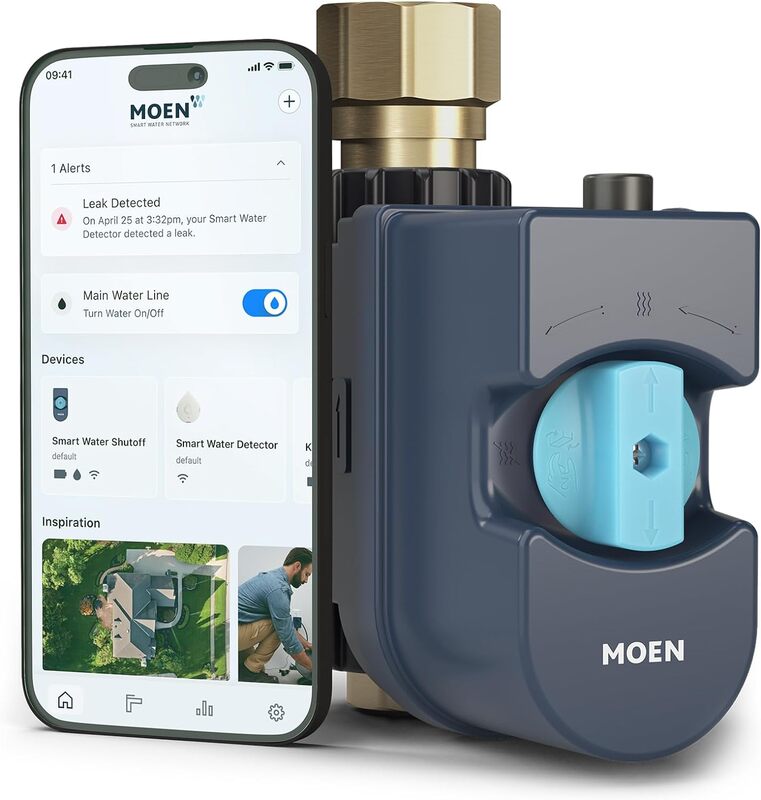 Moen Flo Monitor air pintar dan Sensor penutup otomatis, detektor kebocoran air terhubung Wi-Fi untuk pipa Diameter 1 inci, 900