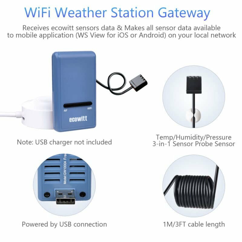 Ecowitt GW1101 stasiun cuaca Wi-Fi, WS69 bertenaga surya 7-in-1 Array Sensor cuaca luar ruangan dan GW1100 Gateway Wi-Fi