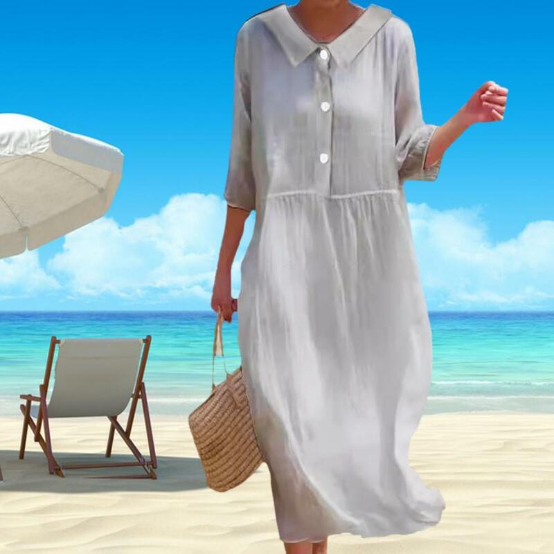 Женское длинное платье средней длины с воротником-стойкой, шикарный плиссированный пуловер с пуговицами, стильная одежда для летнего платья