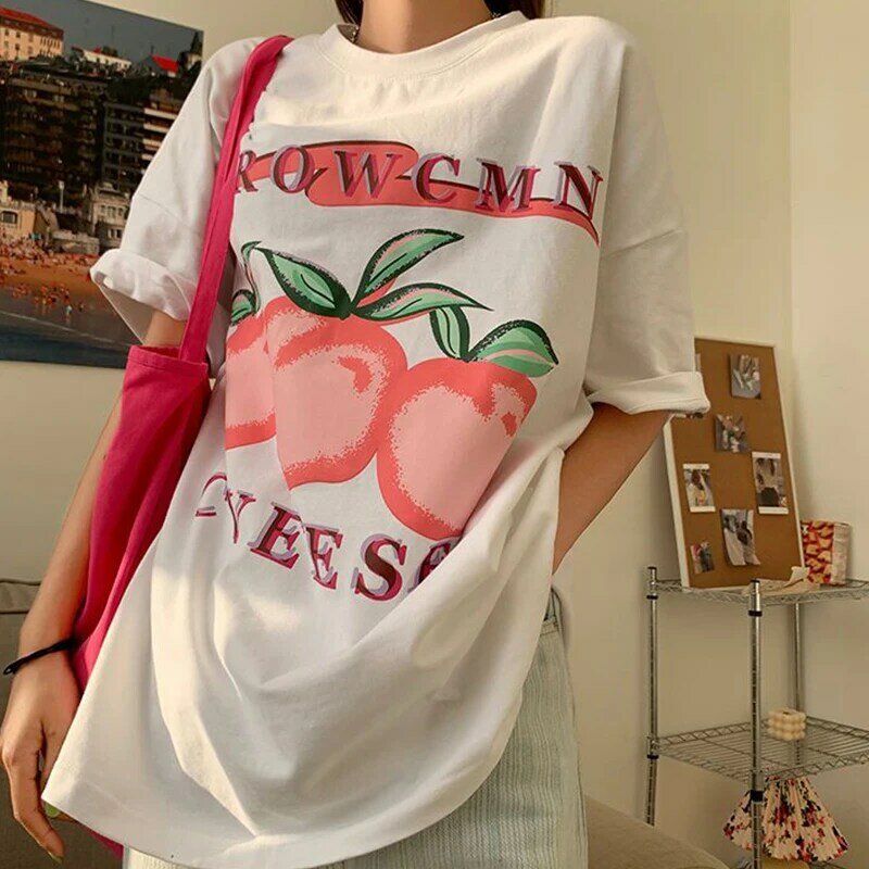 T-shirt de manga curta de colar redondo para mulheres, tendência do verão, solto, estilo coreano, carta fofa, top escolar