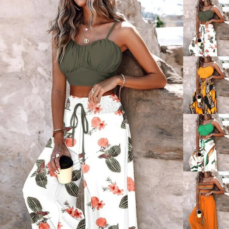 New Summer Lace Up Printed Vacation Beach Outfits Sexy  Suspender Top Wide Leg Long Pants Set Vest Suit 2 Piece Set Crop Cami