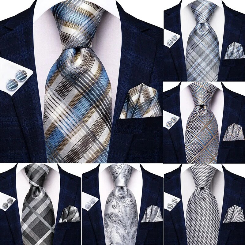 New Arrival Gift Grey Blue Plaid Silk Wedding Tie For Men Handky Cufflink Fashion Business Party Dropshiping Hi-Tie Designer