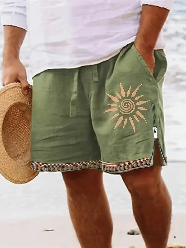 Celana pendek papan pria, bawahan renang pantai liburan luar ruangan musim panas, cetakan grafis matahari trendi warna kontras pendek untuk lelaki