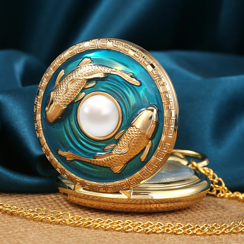 Reloj De Bolsillo con diseño De tallado De pesca, cadena colgante De cuarzo con relieve De perlas, estilo clásico, regalo De moda