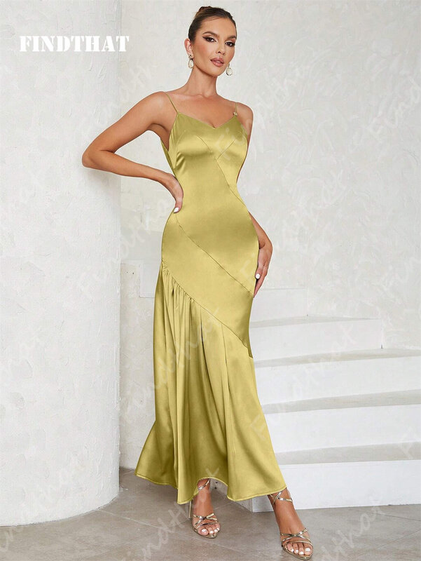 Findthat Sexy Spaghetti-Straps V-Neck Bridesmaid Dresses Solid Color Ruffled Hem Panels In An Open-Back Satin Evening Gowns 2024