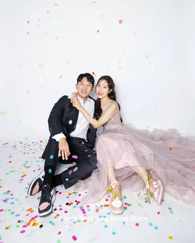 Gaun pernikahan Fancy Fairy Pink A Line tembak foto Korea gaun pengantin tanpa lengan Tulle lembut dibuat sesuai pesanan