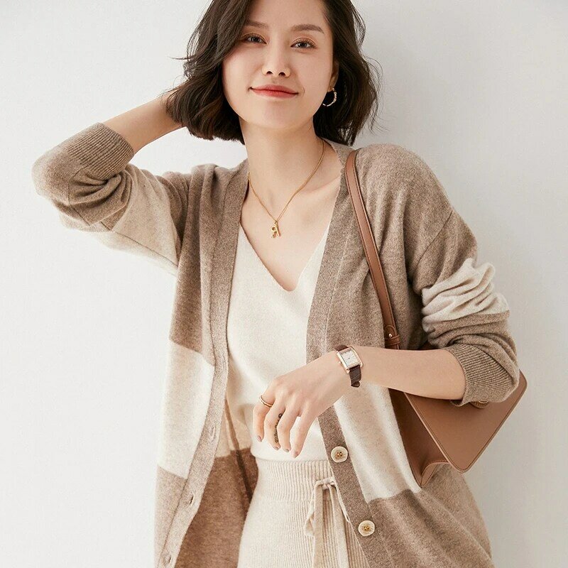 2022 wiosenny i jesienny nowy damski sweter trzykolorowy luźny, dzianinowy koreański wersja blokujący kolor z długimi rękawami 100% sweter z wełny
