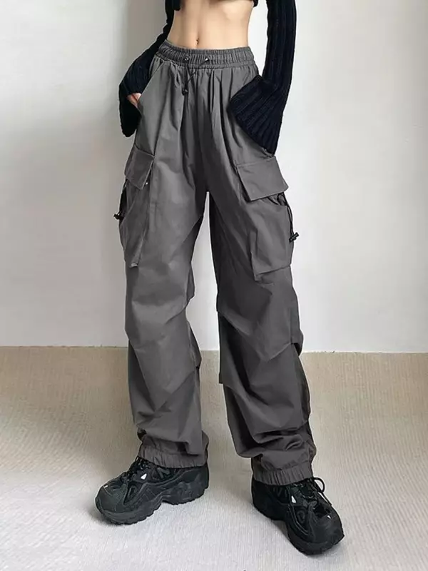 Deeptown Harajuku Cargo Parachute Pants Women Oversized Vintage Streetwear Y2k Hip Hop Baggy Wide Leg Joggers Sweatpant Techwear