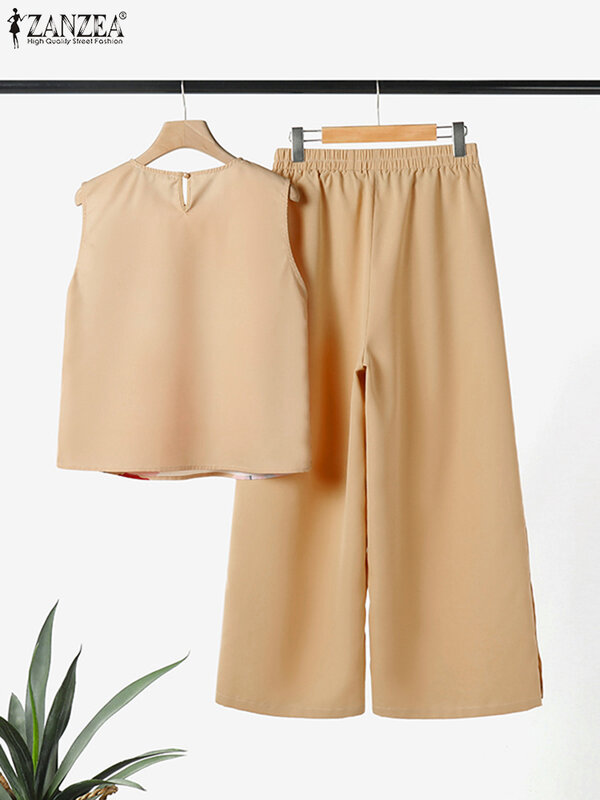 ZANZEA-Conjunto de 2 piezas para mujer, traje de pierna ancha con botones laterales, camiseta sin mangas con estampado Floral, chándal informal, pantalones bohemios