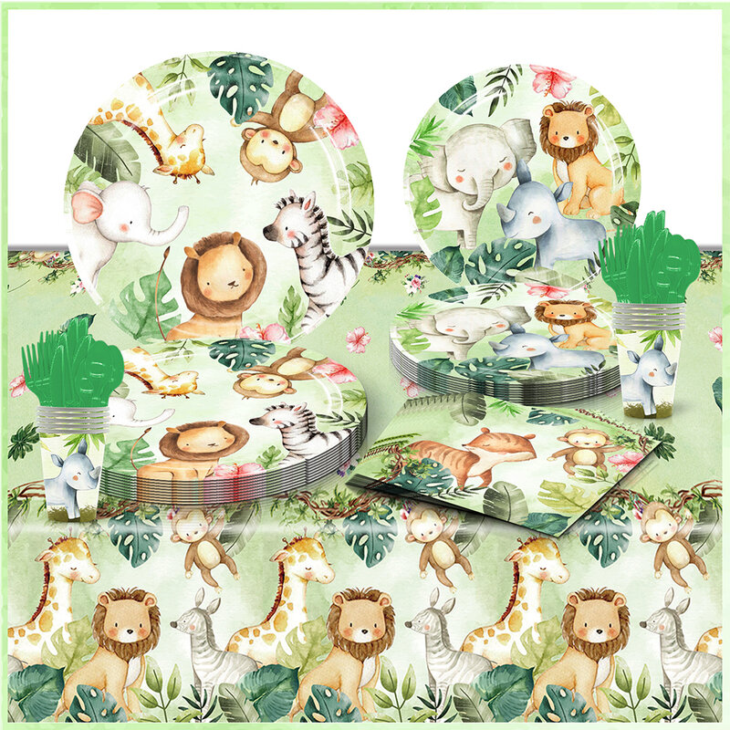 Jungle Animal Theme Party Decoration Elephant Lion Zebra Monkey Family Gathering Background Cloth Disposable Tableware
