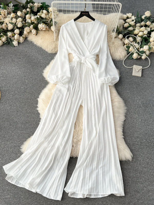 Damenmode Vintage elegante Falte Chiffon Overall Frühling V-Ausschnitt Laterne Ärmel hohe Taille schlanke Party weites Bein Hosen