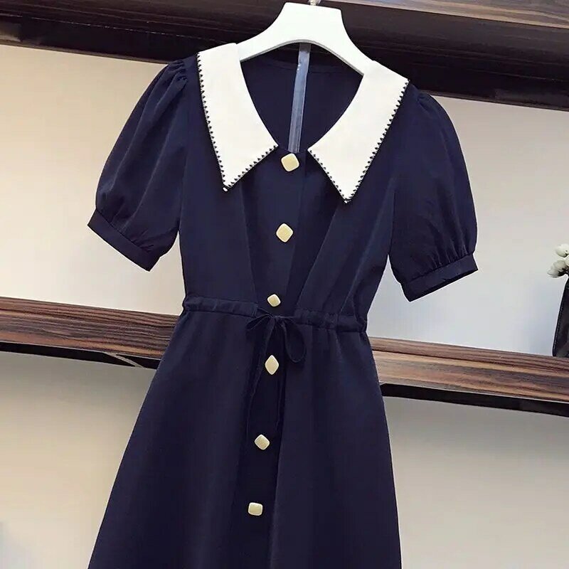 2024 Spring/Summer Korean Edition New Fashion Age Reducing Slim Fit Doll Neck Short Sleeve Mid Length Dress