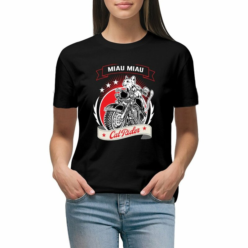 T-shirt imprimé chat sur une moto pour femme, chemise imprimée animal, vêtements mignons pour filles, pack