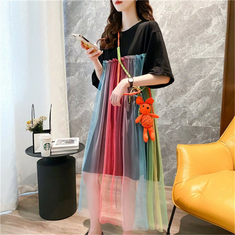 Vestido de malha arco-íris feminino costurado manga curta, vestidos longos casuais, roupas de rua, moda natalícia, verão, 2024
