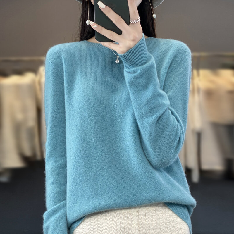 Женский трикотажный свитер из 100% шерсти мериноса, осенне-зимний модный топ с круглым вырезом, кашемировый теплый пуловер, бесшовный джемпер, одежда