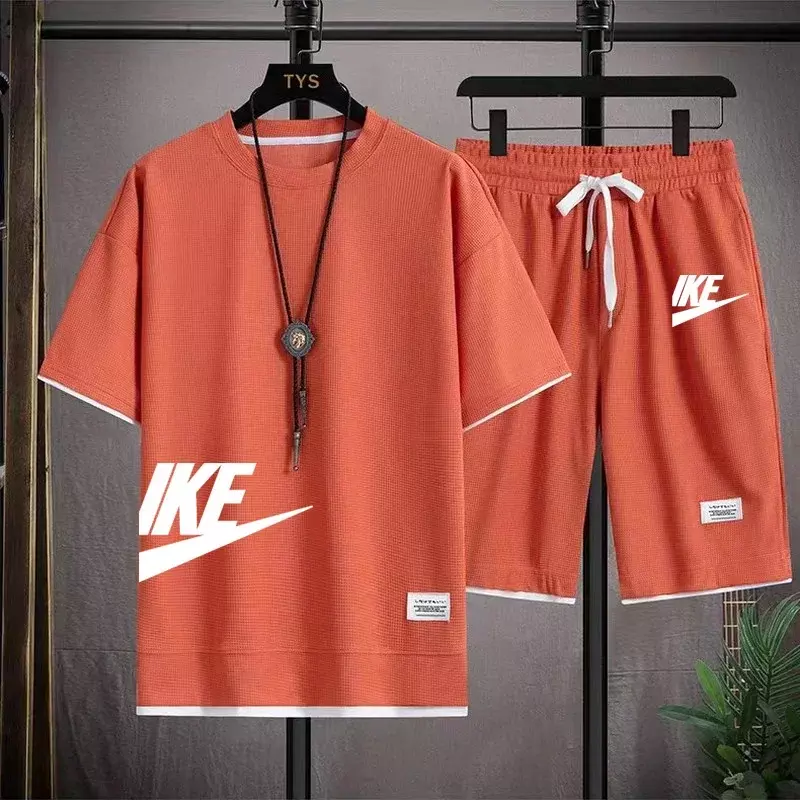 Conjunto de camiseta de manga curta waffle e calções de jogging, moda masculina esportiva, basquete fitness, verão, 2 conjuntos