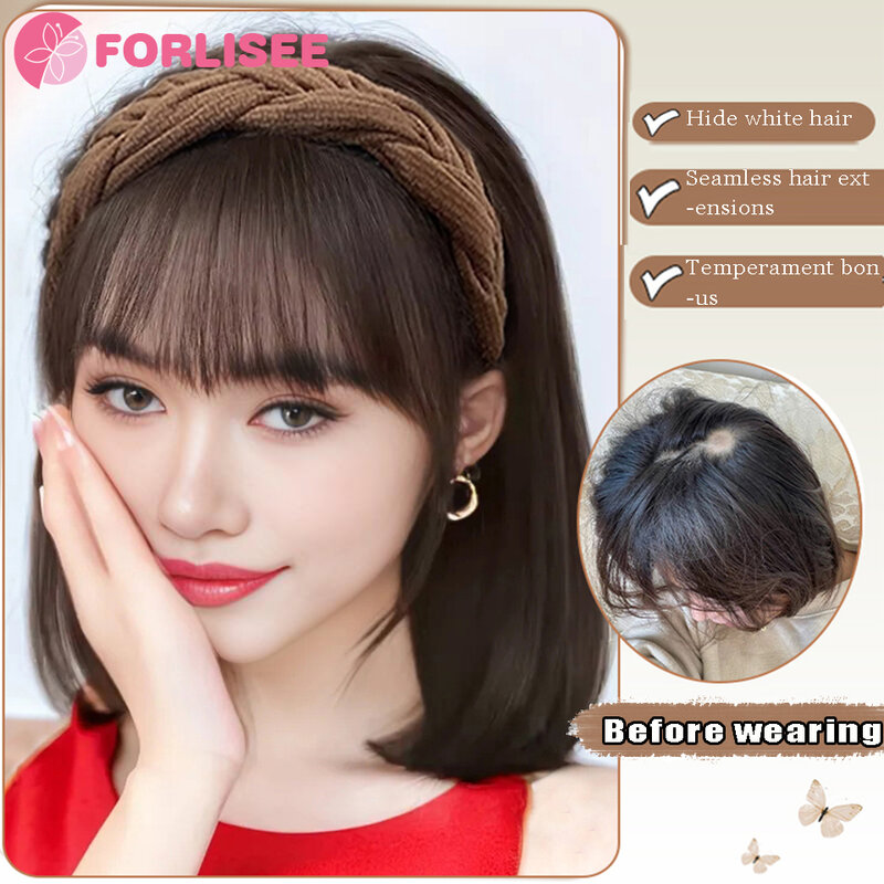 Fishbone Hairband kepang sintetis, ekstensi rambut poni palsu pinggiran alami jepit rambut pada wanita tidak terlihat alami
