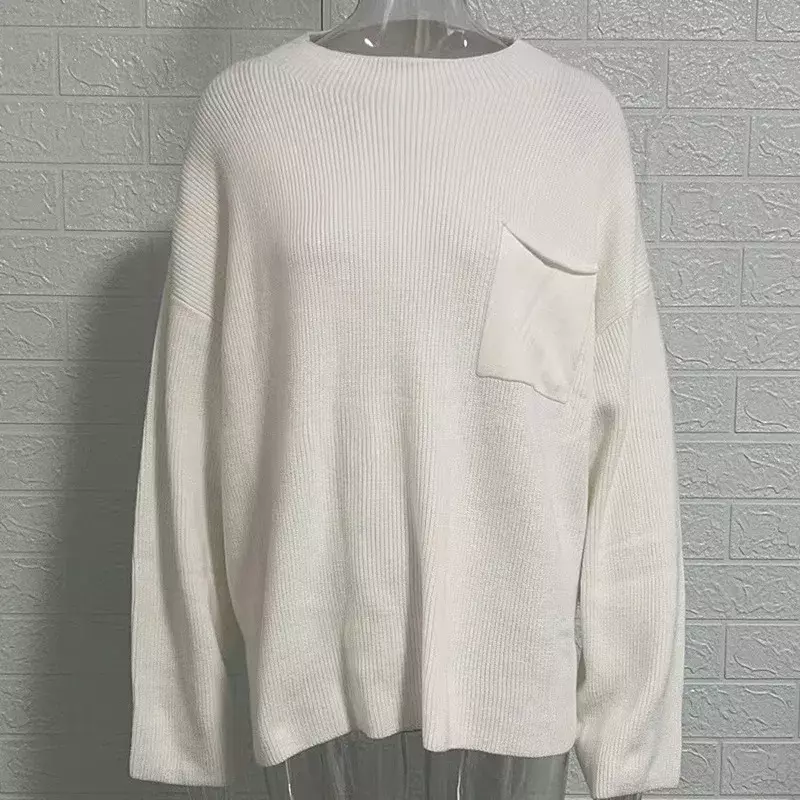 Suéter de manga larga con cuello redondo para mujer, suéter de punto de estilo perezoso, sólido, suelto, otoño e invierno, 2024