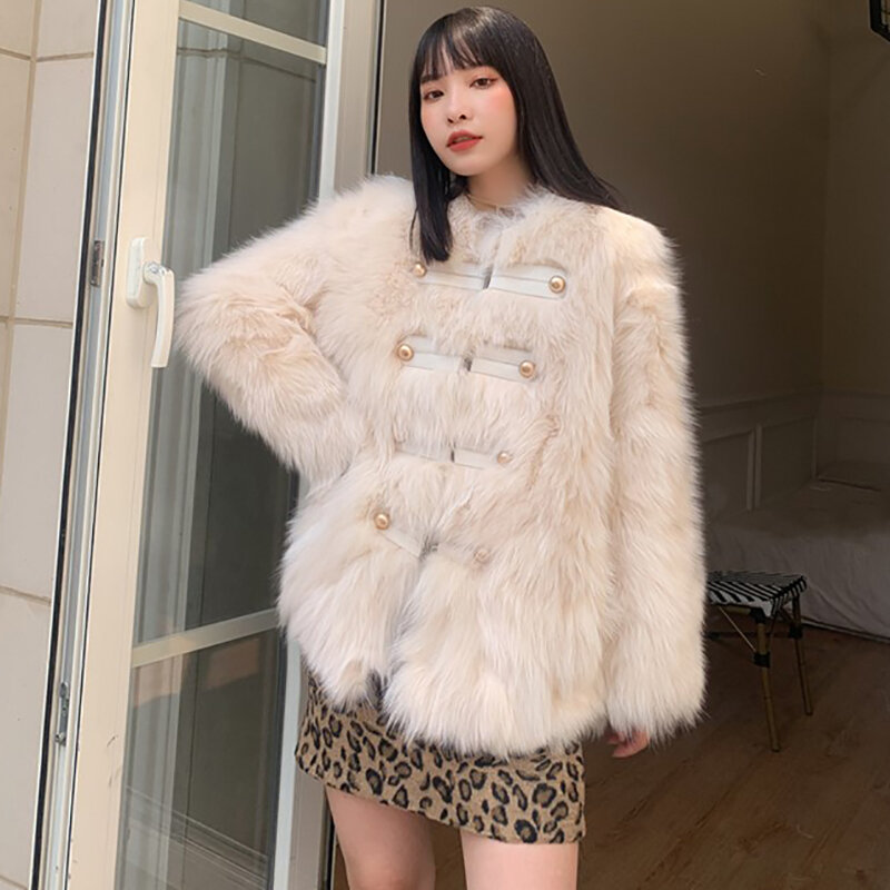 Abrigo de piel sintética para mujer, abrigo de moda coreana, mangas largas, suave y ligero, doble pecho, moderno, Invierno