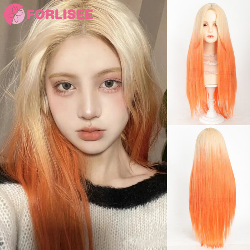 FORLISEE Pomarańczowa gradientowa długa prosta koronkowa peruka na przód Damskie włosy syntetyczne Bezklejowa koronkowa peruka na przód