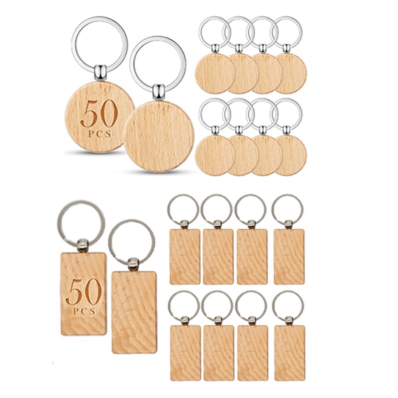 100 buah gantungan kunci kayu kosong yang belum selesai gantungan kunci DIY gantungan kunci untuk kerajinan DIY (bulat + persegi panjang)