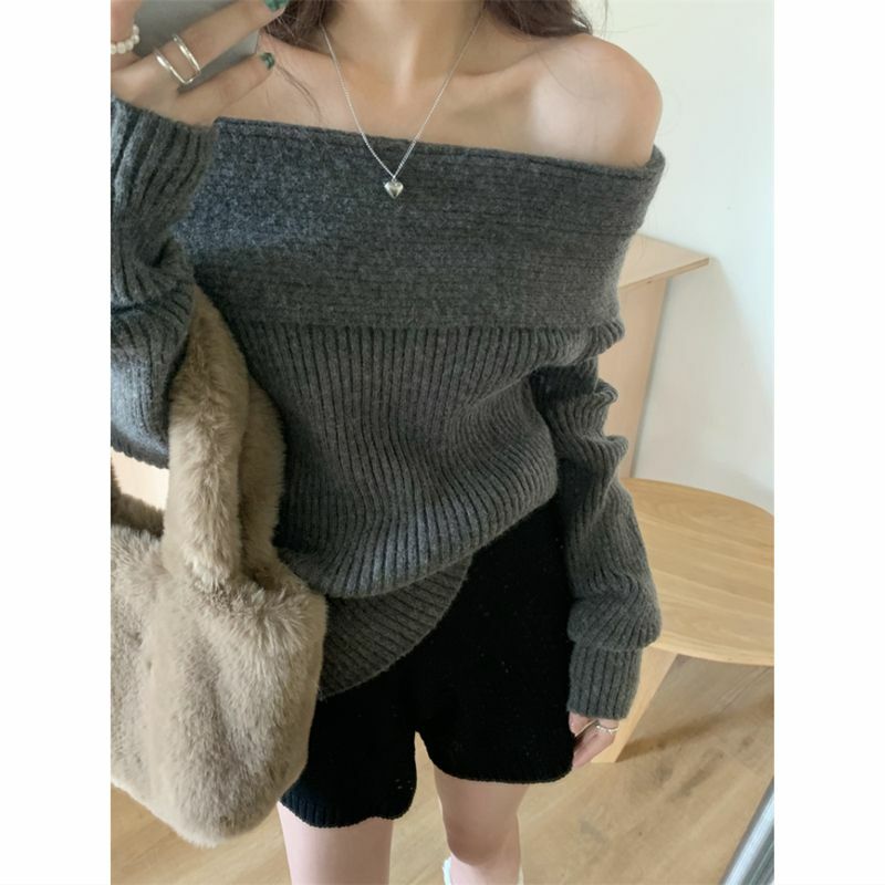 2024 Elegant Sweater Women Korean Style Off Shoulder Knitted Female Jumper Vintage Autumn Knitwear Harajuku Fashion Pullover