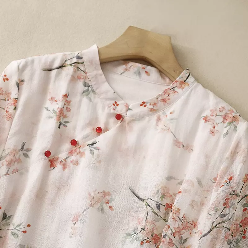 Винтажные женские рубашки, летние блузки в китайском стиле с принтом, свободные женские топы с коротким рукавом, хлопковая льняная одежда YCMYUNYAN