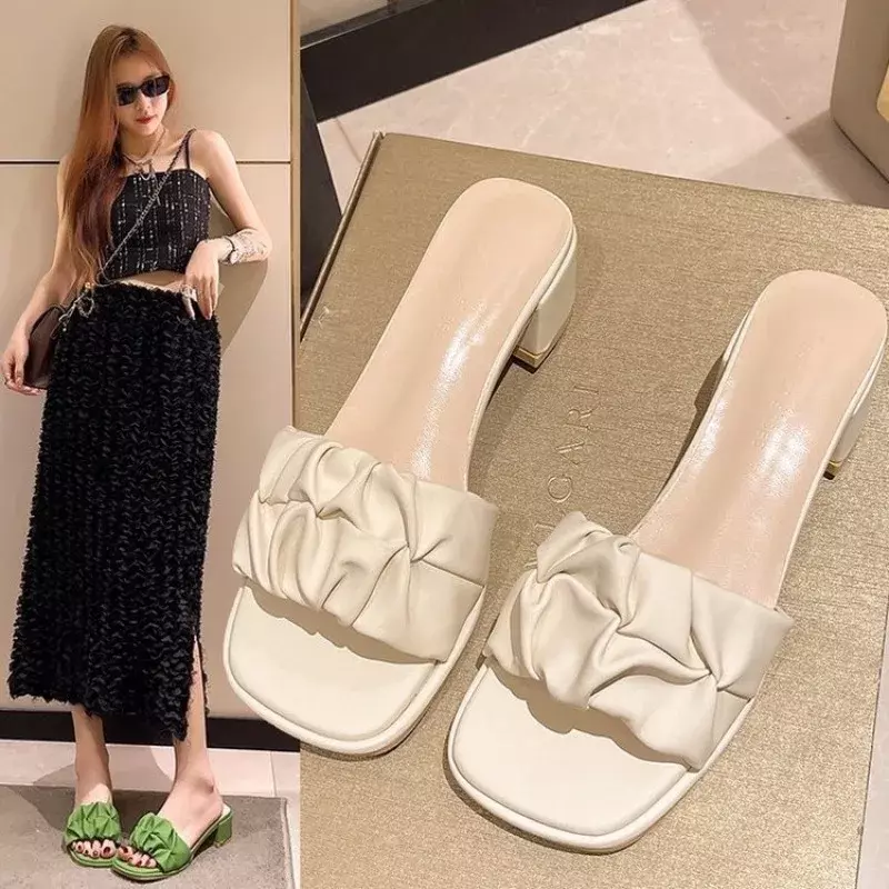 Shoes Ladies' Slippers Square Heel Slipers Women Med Luxury Slides Summer Block Designer Rome Scandals PU Hoof Heels