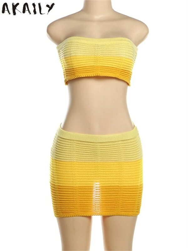 Akaily летний желтый градиентный вязаный комплект из 2 предметов пляжная одежда для вечеринки для женщин 2024 уличная одежда без бретелек облегающая юбка наборы