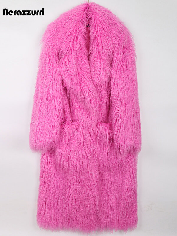 Nerazzurri ฤดูหนาว Bright สีชมพูขนาดใหญ่ขน Hairy นุ่มหนาอุ่น Faux Fur Coat Lapel รันเวย์แฟชั่นน่ารัก