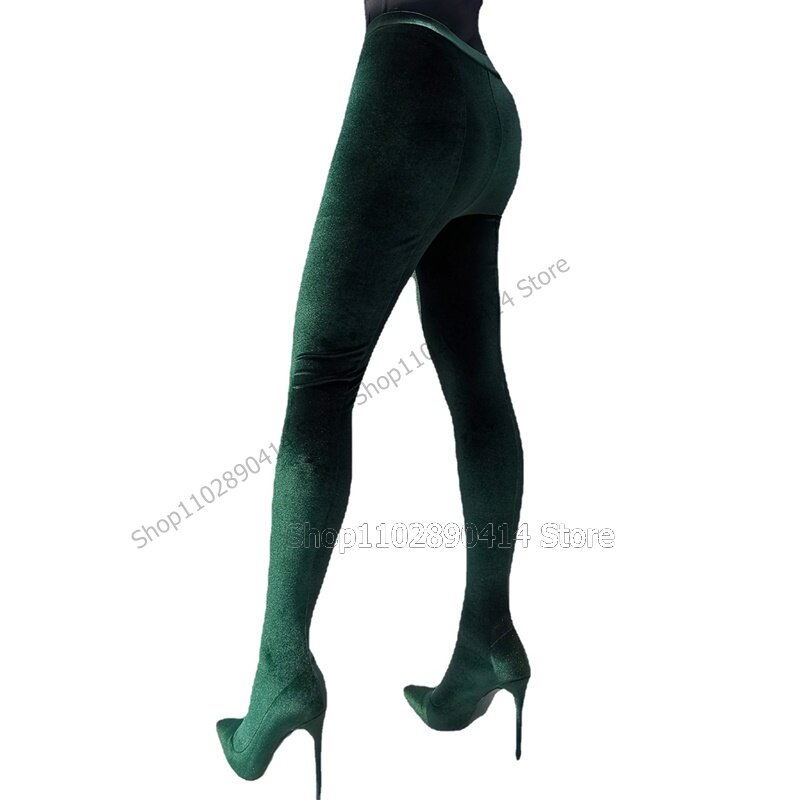 Stivali con pantaloni a punta a punta in velluto a coste verde Slip On scarpe da donna tacchi alti sottili pista di moda Sexy 2023 Zapatos Para Mujere
