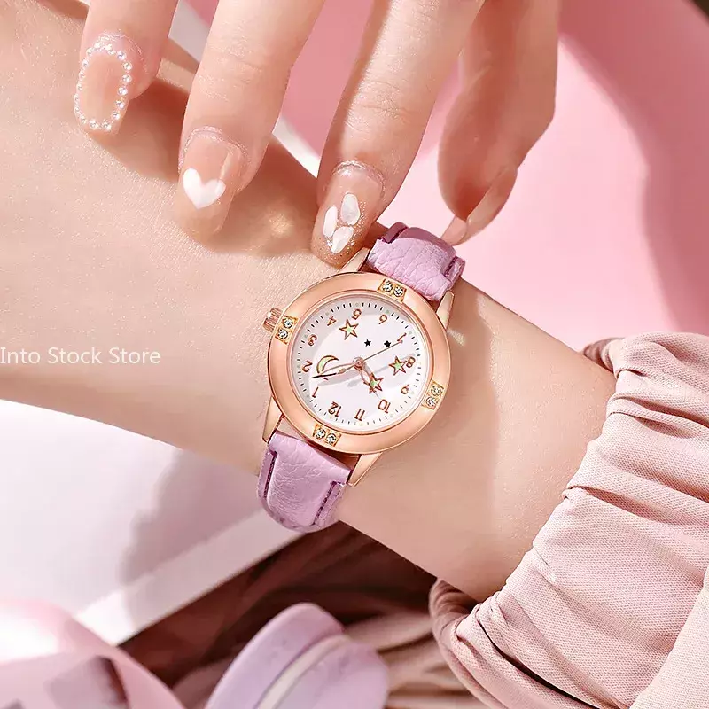 Montre-bracelet en cuir Shoous Star Moon pour femmes et filles, horloge à quartz pour dames, montre décontractée pour enfants, mignon, nouveau