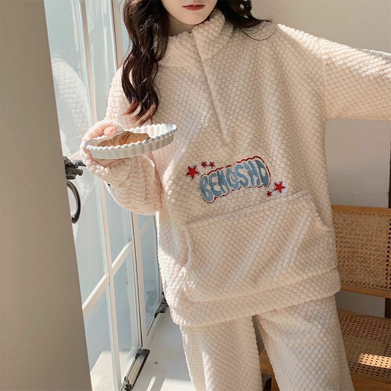 Pijama de veludo coral feminino, manga longa forrada de lã, roupa larga grossa, colarinho em pé de flanela, roupa de noite quente, terno de inverno