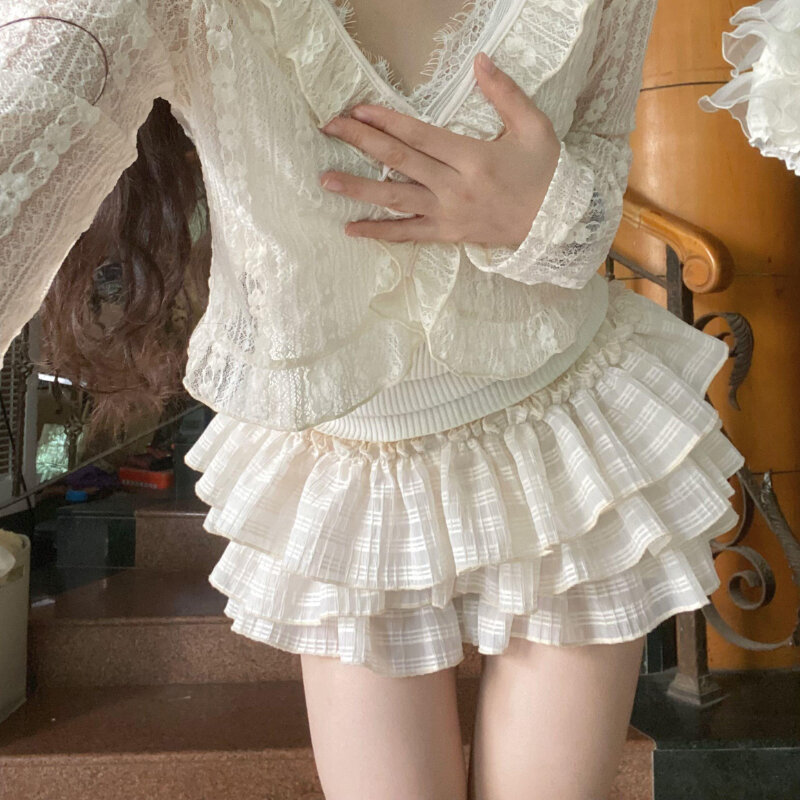 Deeptown-saia Lolita Kawaii para mulheres, saia curta, plissado, Fairycore, estilo japonês, mini saias fofas, retalhos em camadas, doce