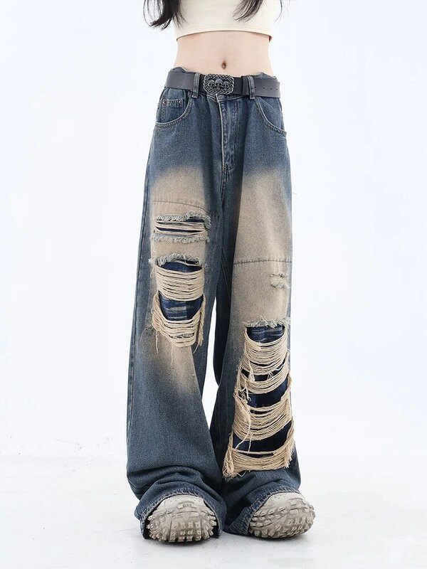 بنطلون جينز أسود للسيدات بتصميم قوطي بخصر عتيق على الموضة الكورية Y2k بنطلون ممزق بأرجل واسعة غير رسمية من هاراجوكو