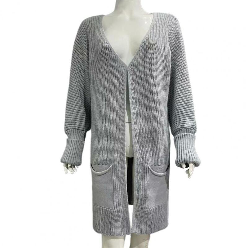 Chaqueta suave de Invierno para mujer, abrigo de suéter de punto grueso, resistente, longitud media con bolsillos, capas para estar en casa