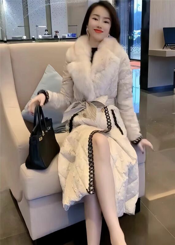 Casaco de algodão elegante com gola de pele, cintura longa, pequeno estilo perfumado, inverno celebridade internet das mulheres populares