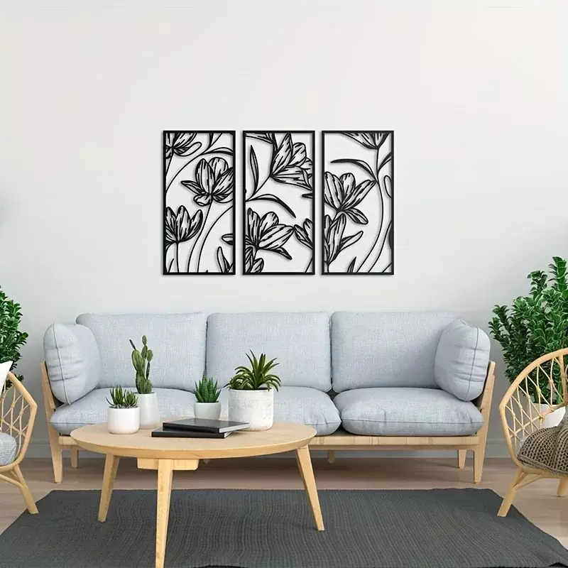 3 pzmodern Abstract Black Metal Line Art Hanging Wall Art, decorazioni da parete con fiori in metallo, decorazioni da parete per la casa minimaliste