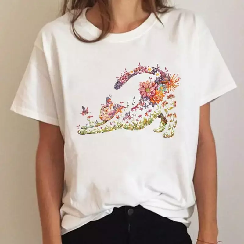 T-shirt graphique à manches courtes pour femmes, vêtements de chat des années 90, haut féminin de dessin animé, interconnexion de fleurs florales, vêtements mignons, t-shirt d'été