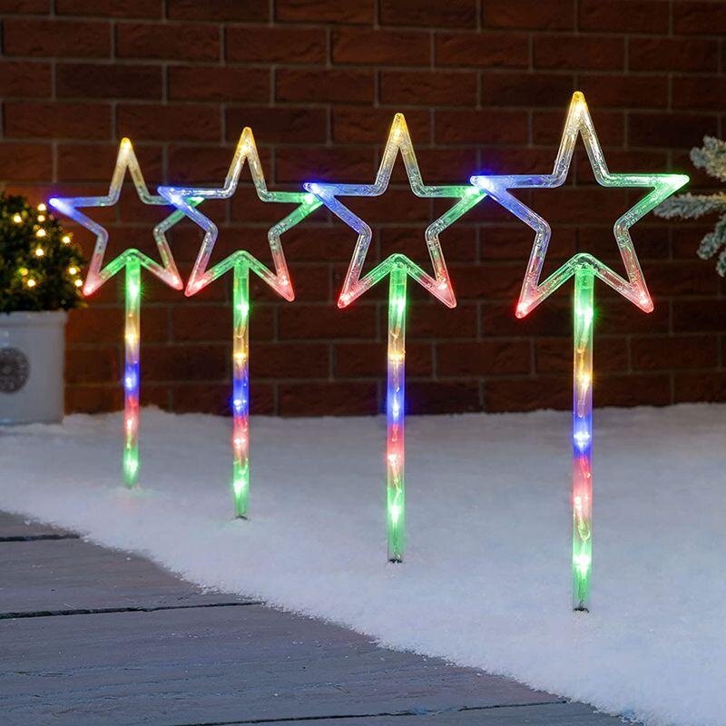 4 buah/set bintang kepingan salju Natal Solar lampu jalur luar ruangan Solar lampu lanskap taman cahaya pasak tahan air untuk jalan halaman