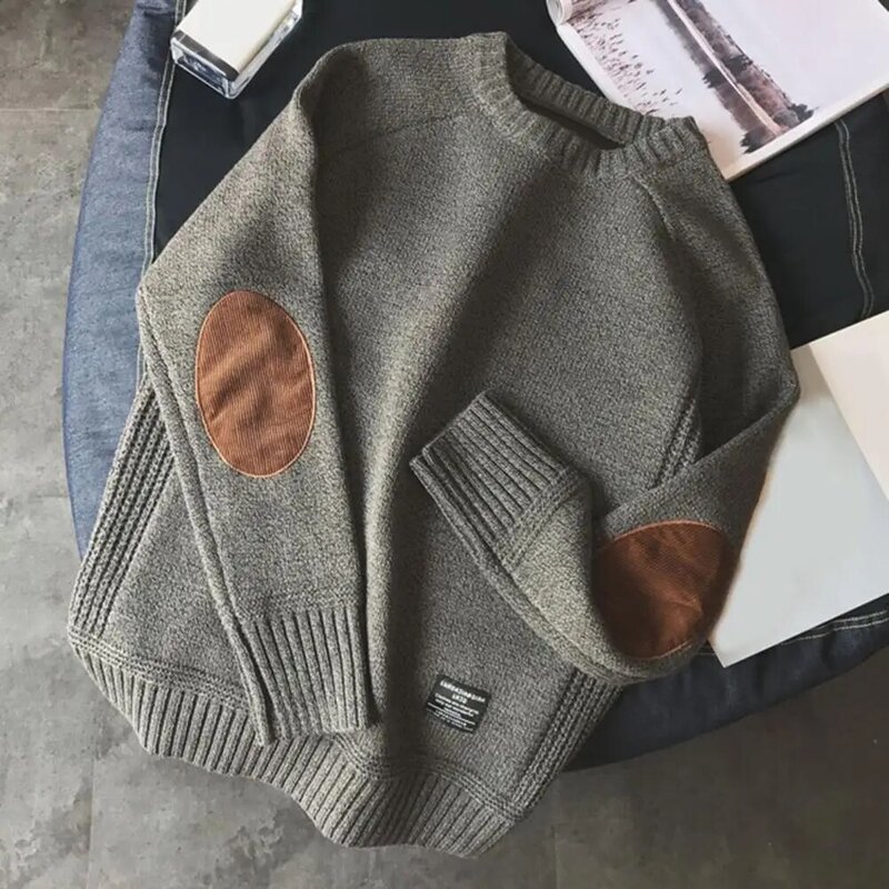 Мужской свитер в стиле пэчворк, однотонный трикотажный пуловер с круглым вырезом и рукавами