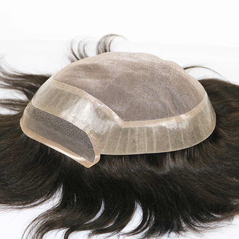 Tupé de cabello humano liso para hombres, Base de encaje Mono con PU alrededor del frente, prótesis capilar de encaje, negro Natural