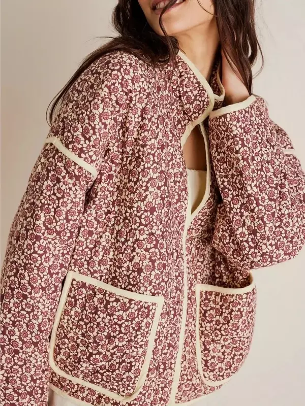 Jaket mantel wanita katun motif bunga, Vintage musim gugur 2023, mantel kardigan lengan panjang kerah berdiri kasual