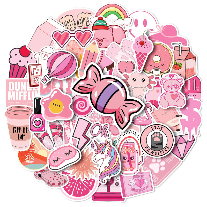 10/30/50Pcs Pink VSCO Girl Waterproof Graffiti Sticker Aesthetic Decorative Luggage Laptop Phone Diary Scrapbook Kids Stickers