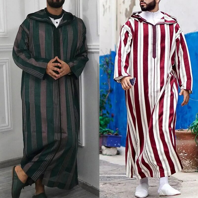 Túnica muçulmana masculina com zíper, manga comprida, vestes com capuz, roupões soltos casuais, moda árabe islâmica, listrada em retalhos, roupa de rua