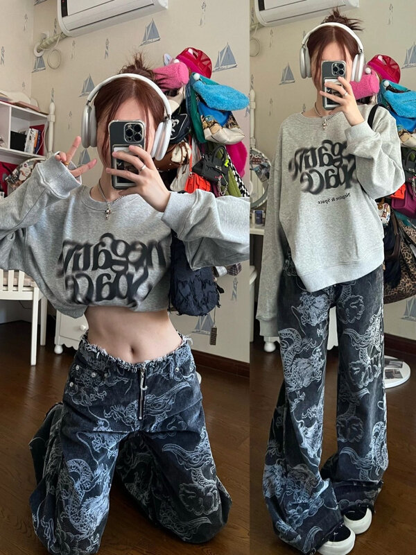 2023 Guochao dragon print hiphop hiphop straight jeans women's high street babes high waist loose skinny flared pants y2k