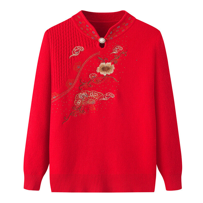 Plus Size 4XL Women Autumn Winter Plush Pullover Knitting Blouse Tops Mother's Embroider Flowe Sweater Warm Underlay Shirt