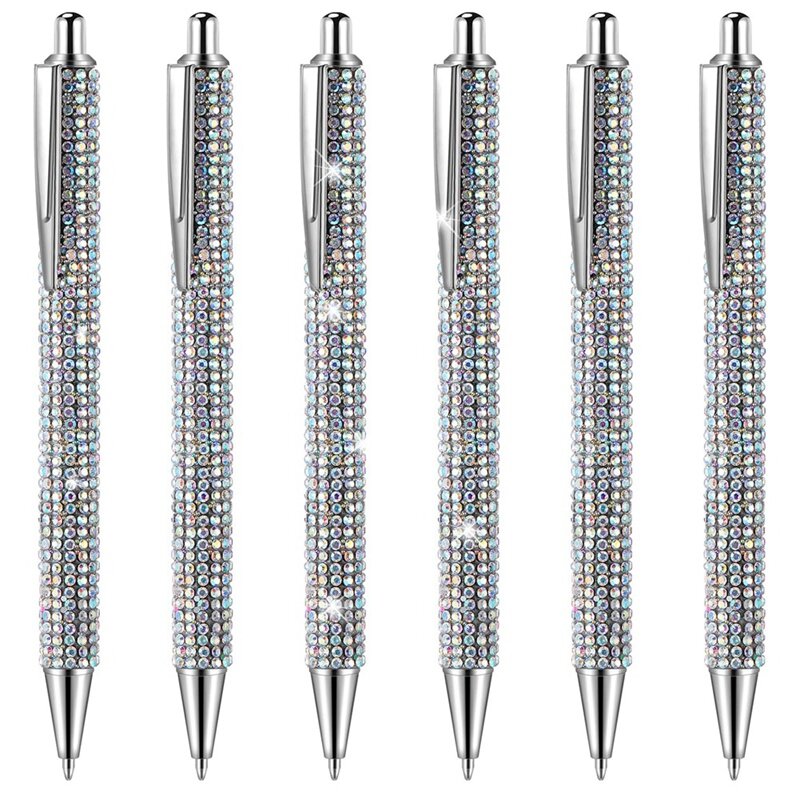 6 Stuks Schattige Pen Bling Diamant Pennen Kerst Steentjes Cadeau Zilver Metalen Balpen Fraaie Sprankelende Kristallen Pennen